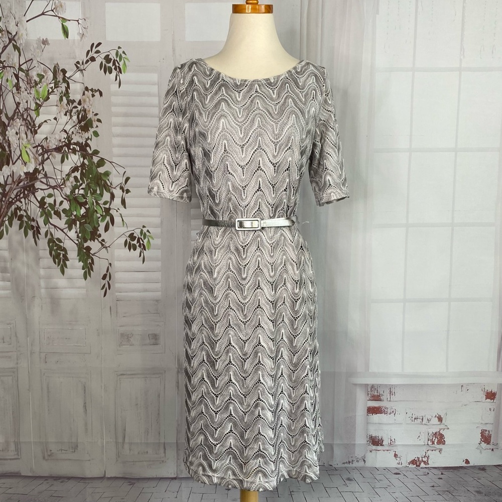 New Connected Apparel Dress 8 Sheath Silver Gray Crochet Lace Belted Holiday NWT
